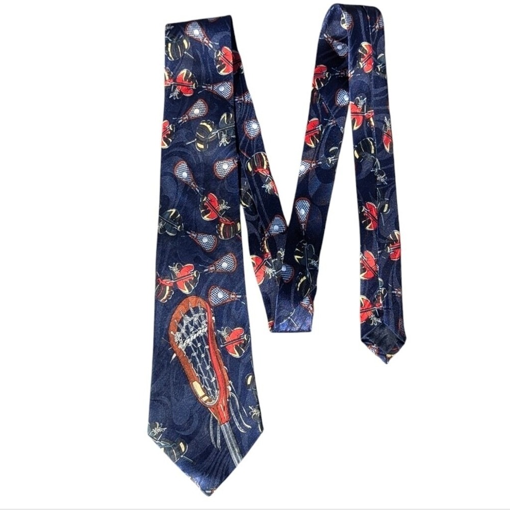 Mens Lacrosse Tie LAX Stick Glove Silk Necktie Sports Tie Navy‎ Blue